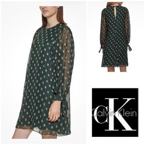 NWT!  Calvin Klein Dark Green and Gold Long Sleeve Dress